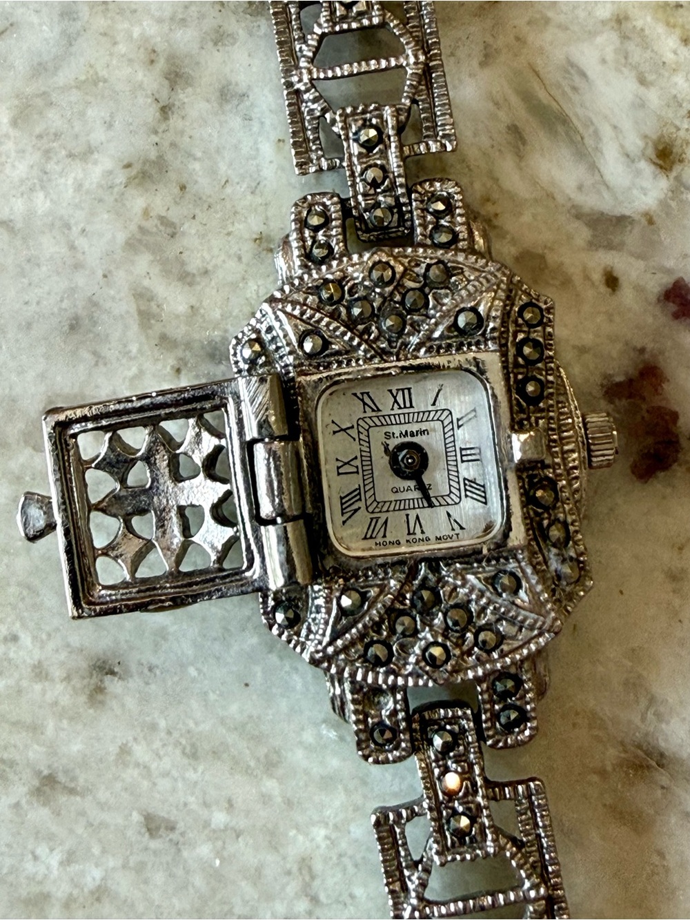 Silver-Tone Marcasite Locket Bracelet Watch